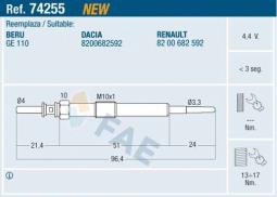 ŚWIECA ŻAROWA RENAULT 1,5DCI 08- FAE FAE74255